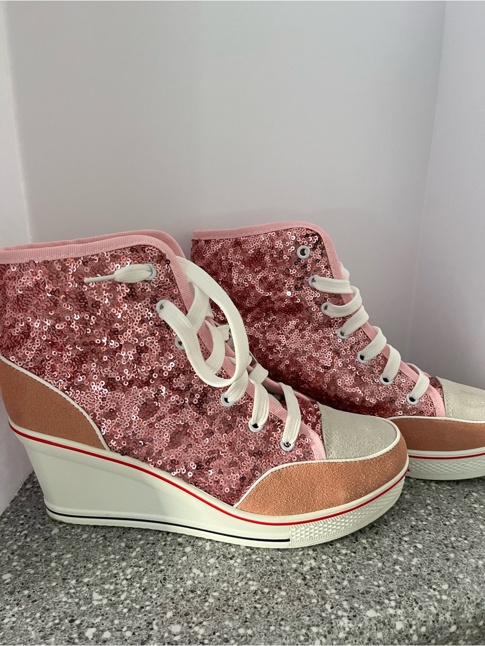 Sequin Pink Wedge Ankle Booties with Cream Accents